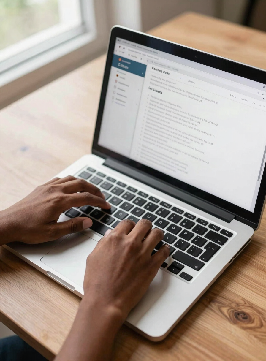 Close overhead shot of Haitian hands typing on a laptop keyboard, a course dashboard visible on screen, bright natural daylight from a window to the left, clean wooden desk surface, sharp focus on the fingers and screen