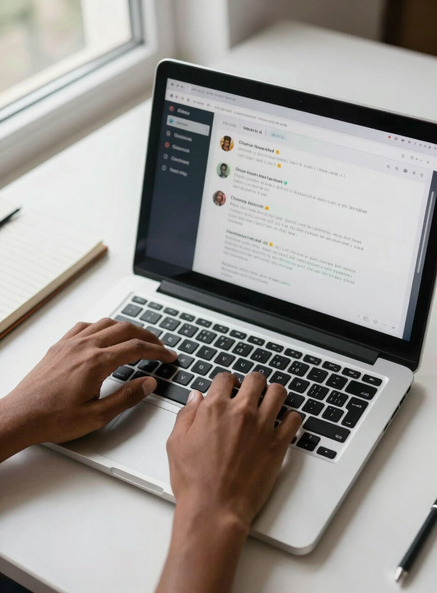 Close overhead shot of Haitian hands typing on a laptop keyboard, a Gemini AI chat interface visible on screen, bright natural daylight from a window to the left, clean desk surface with a notebook beside the laptop